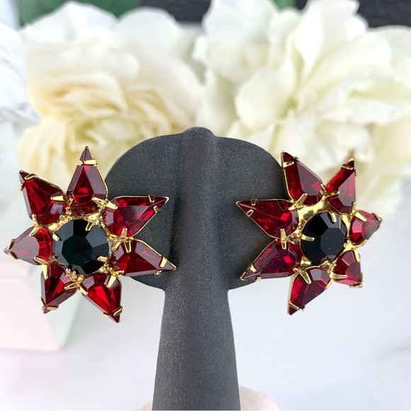 Vintage Gold Tone Starburst Bloody Red Rhinestone Large Earrings - Picture 11 of 14